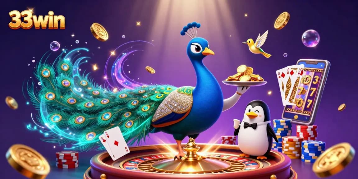 Experience the thrilling 33win casino scene with peacock, penguin, and hummingbird among gaming elements