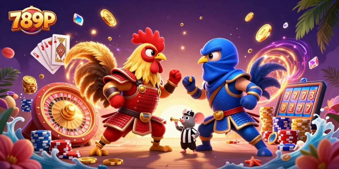 Engage in thrilling battles with 789P as cartoon roosters face off amidst flying coins and gems.