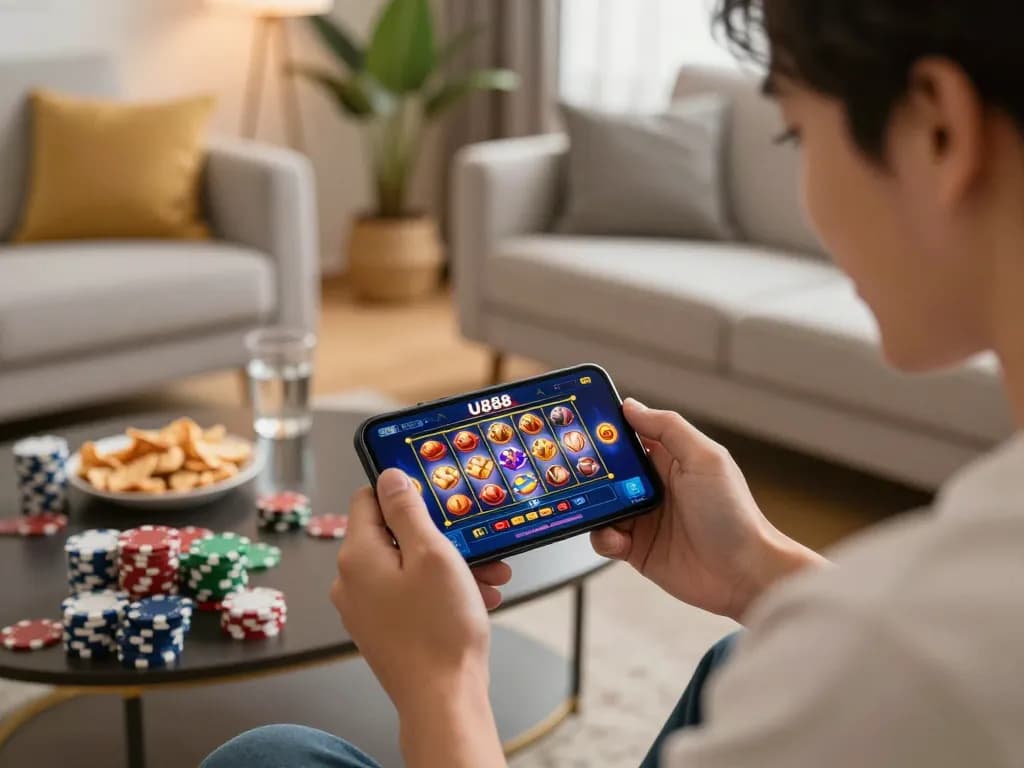 Player enjoying U888 mobile casino app while relaxing at home for responsible gaming