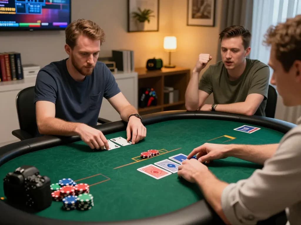 Rokok88 online poker player analyzing strategy while placing bets at home.