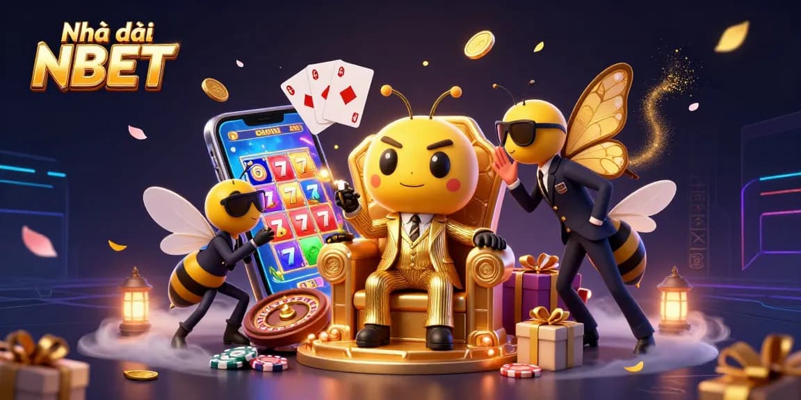 Engage with Nhà cái NBET in a vibrant 3D illustration of casino characters amidst colorful gambling elements.
