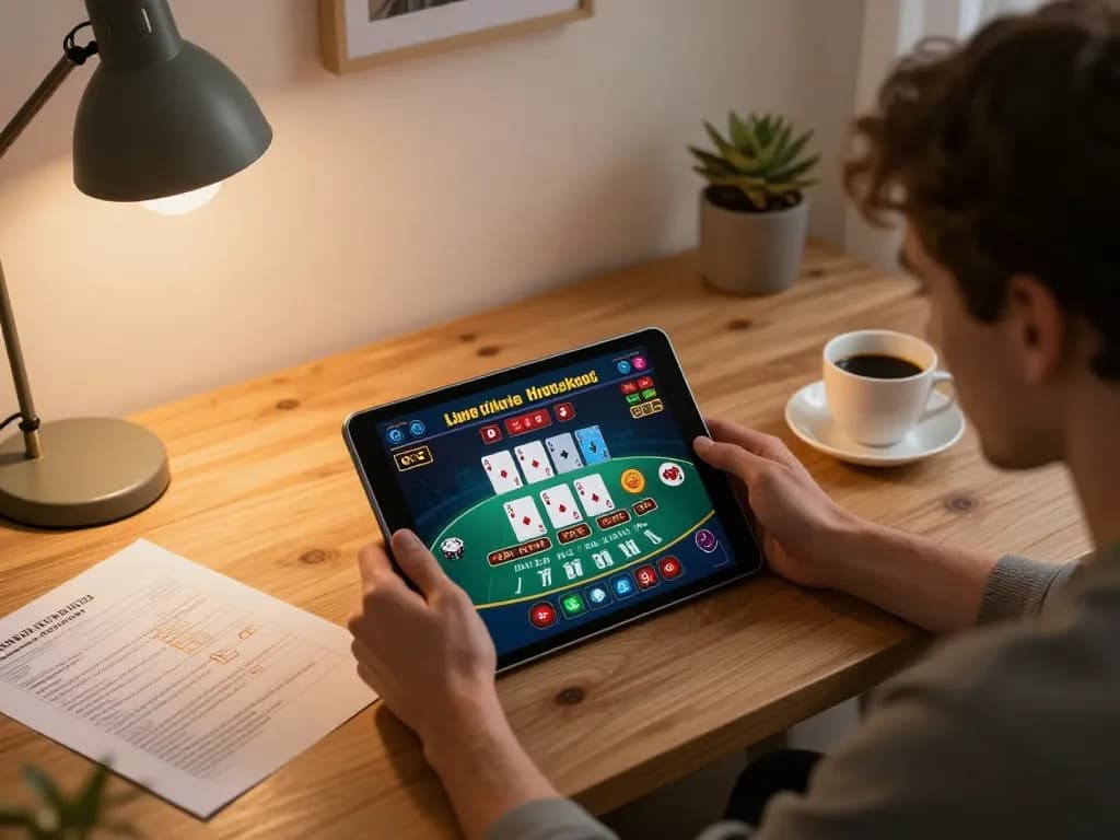 man88 player engaging in dynamic live dealer blackjack session from home office, showcasing strategy and focus