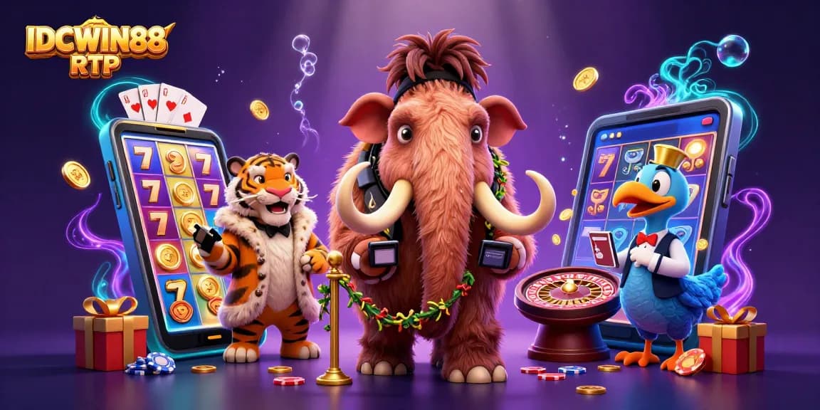 Engage with IDCWIN88 RTP at a dynamic casino scene featuring playful characters amidst exciting gaming elements.