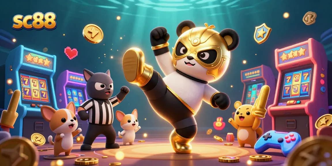 Experience exciting gameplay at sc88 while a panda wrestler performs stunning moves amid vibrant casino themes.
