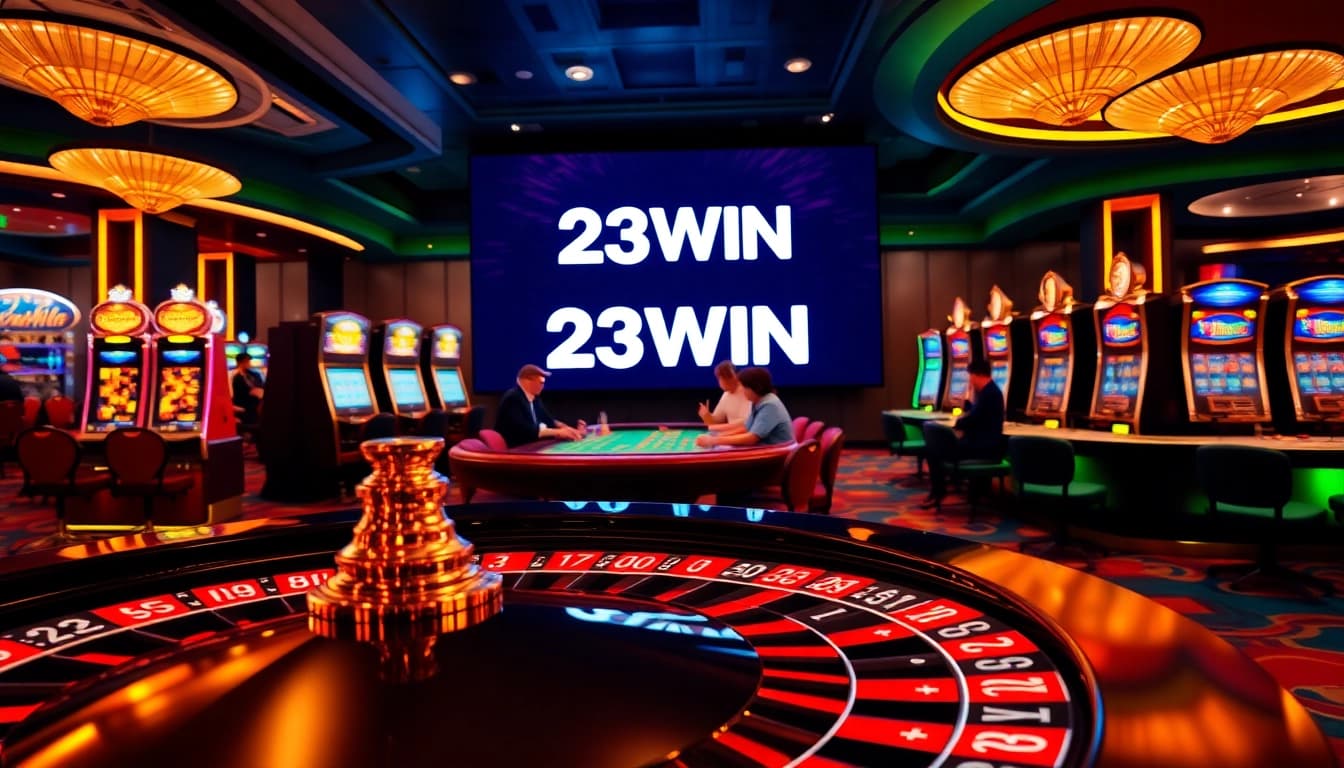 Exciting gambling action featuring 23WIN logo on vibrant poker chips and roulette wheel.