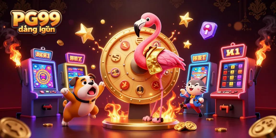 Engage with PG99 đăng nhập at a vibrant casino setup featuring colorful slot machines and characters.