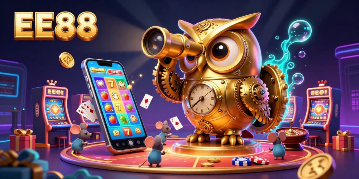Engage with the thrilling world of EE88, where a clockwork owl oversees a casino filled with colorful slot games and golden coins.