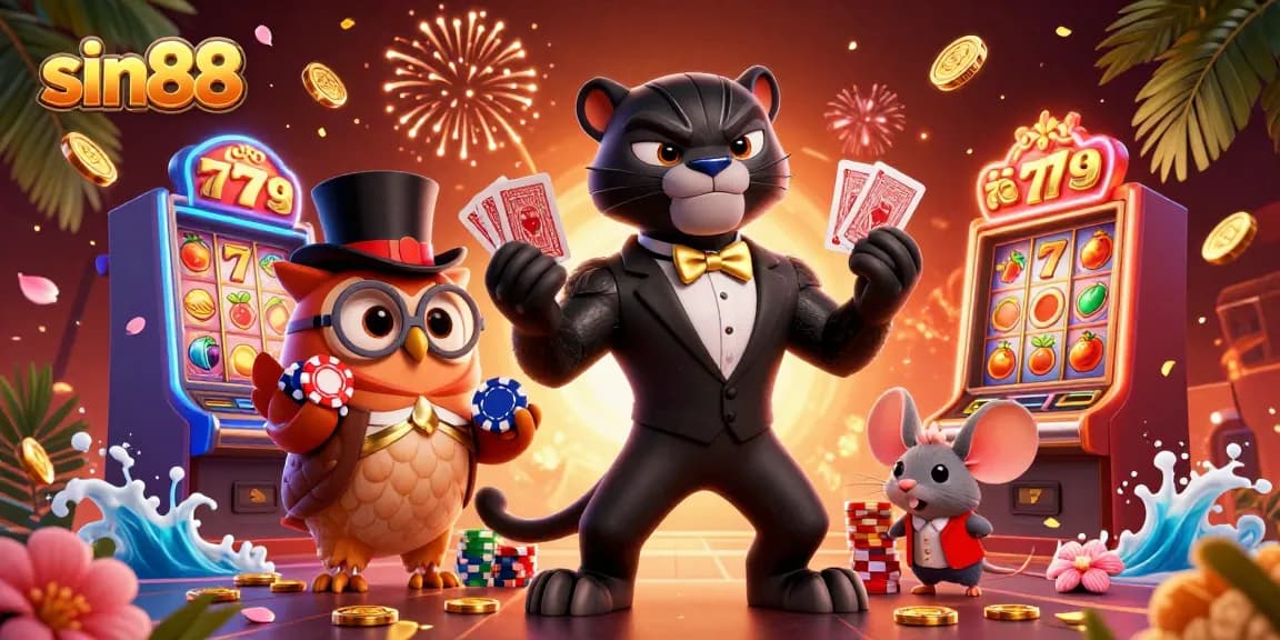 Get ready to win with sin88 as a stylish panther deals cards adjoined by an owl and mouse in this vibrant casino scene.