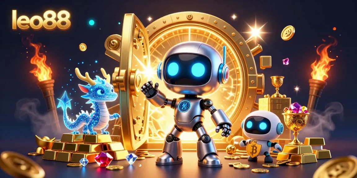 Experience the thrill at leo88 Casino with a vibrant scene of a cyberpunk robot mascot and treasure.