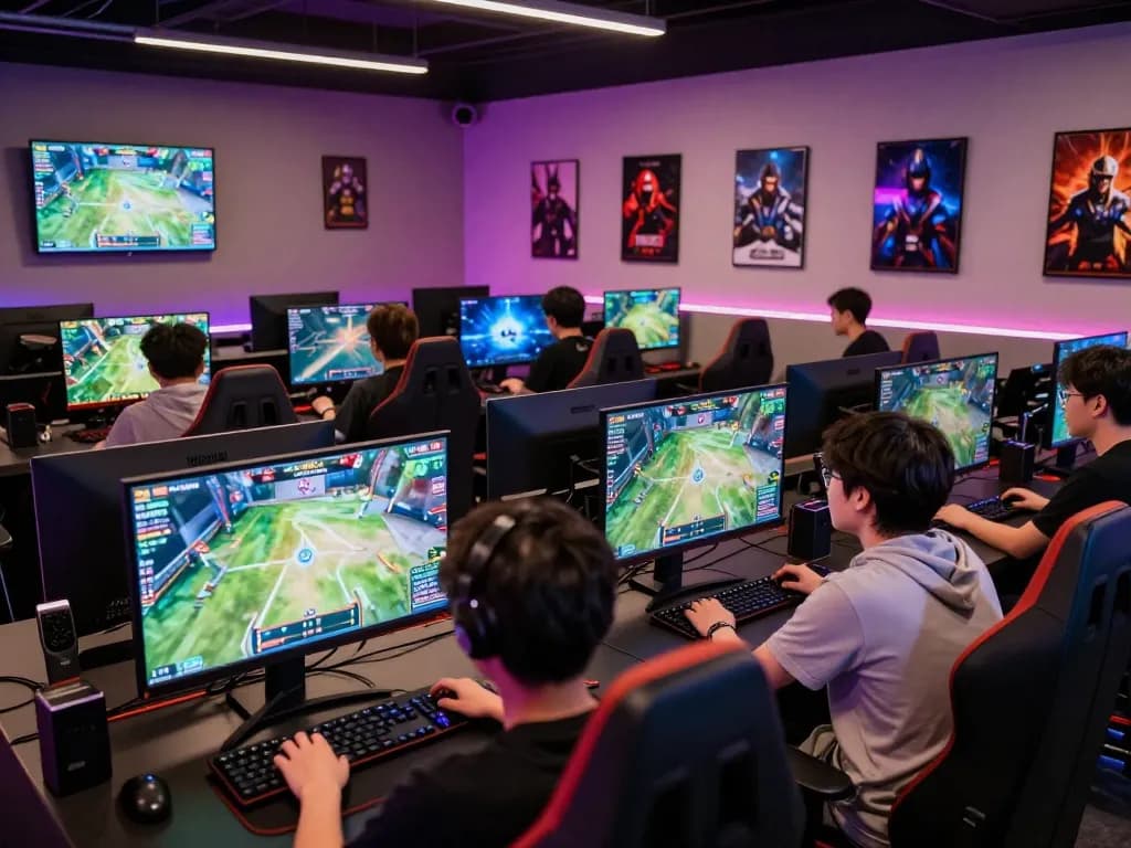SC88 players analyzing odds in modern esports betting lounge with illuminated screens.