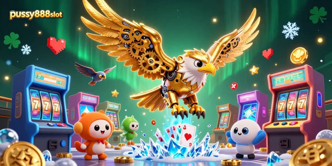 Pussy888slot provides a vivid illustration with a golden eagle diving through holographic cards amidst colorful gaming elements.