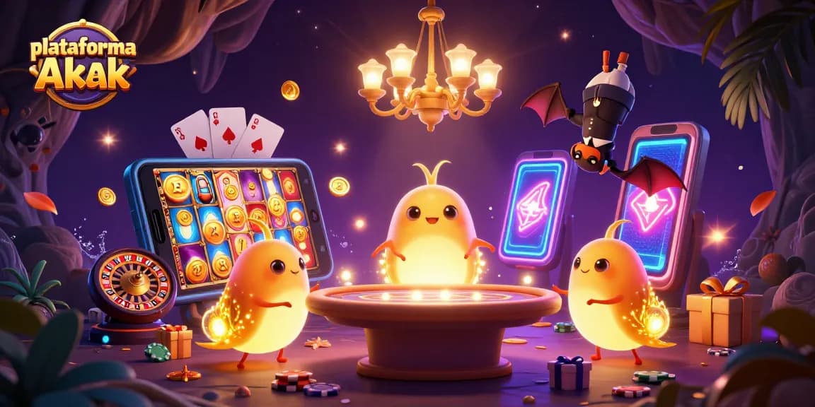 Jogando na plataforma Akak com uma cena vibrante do cassino, iluminações de glowworms, e jogos emocionantes.