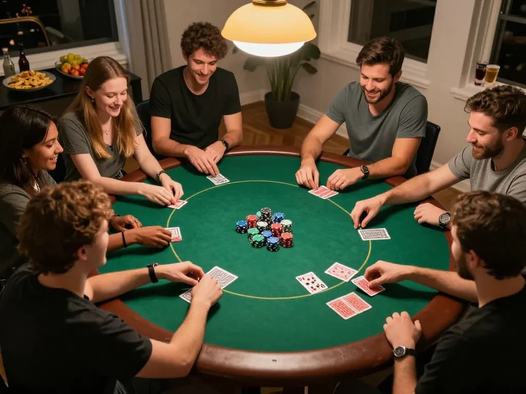 Friends enjoying a poker game at home with rr99t, cards and chips in action, friendly competition.