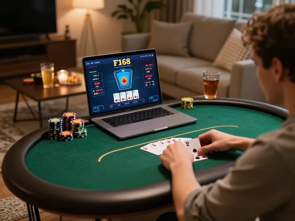 Playing poker on F168's online casino platform in a cozy home setting