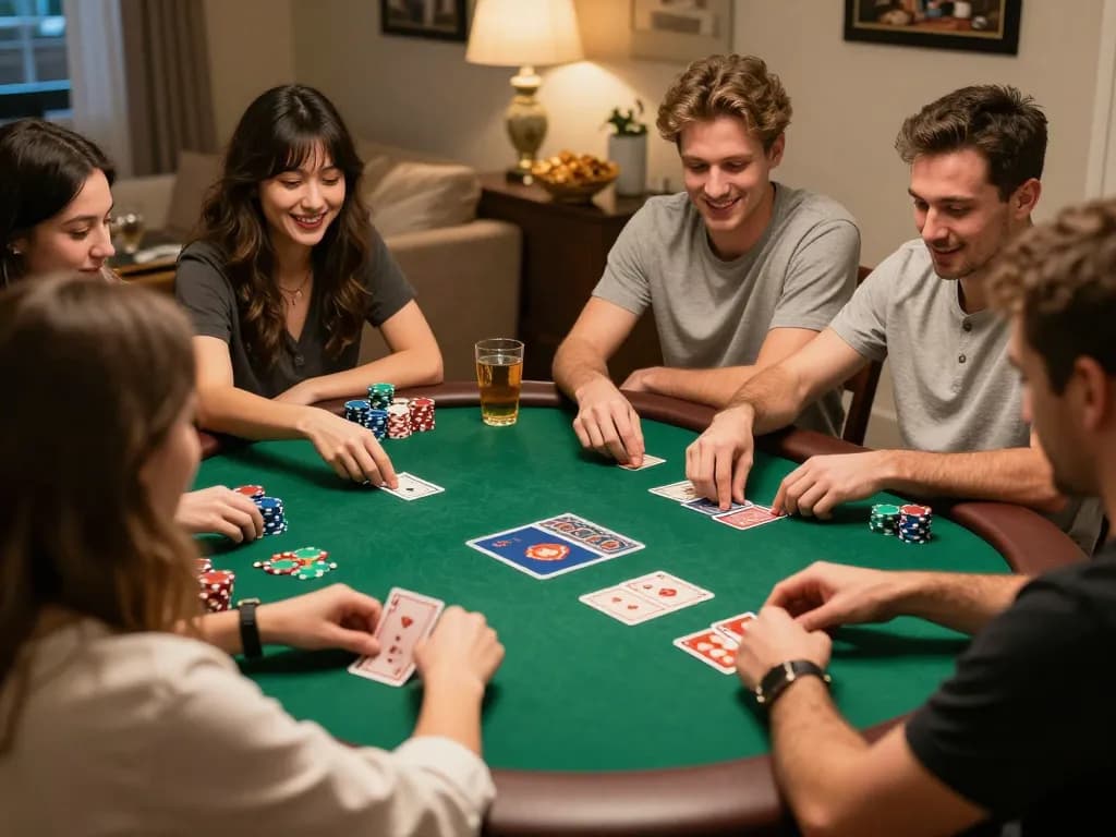 Friends engaged in a strategic poker game at home using dn88s to enhance their betting strategies.