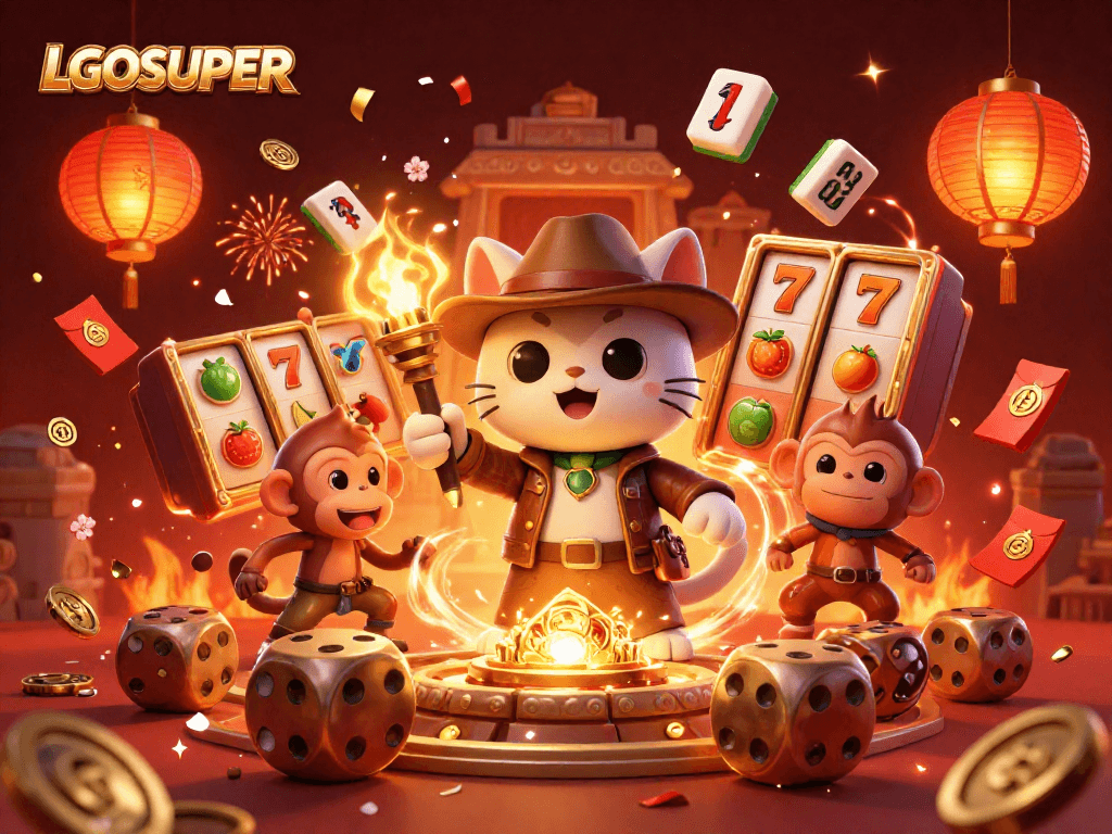 Experience thrilling gaming with LGOSUPER featuring cartoon archaeologist cat and vibrant casino artifacts.