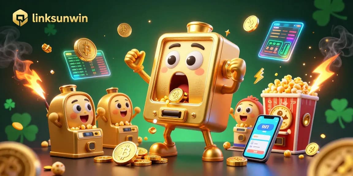 Engage with linksunwin's exciting casino experience as a cartoon slot machine scores a jackpot.