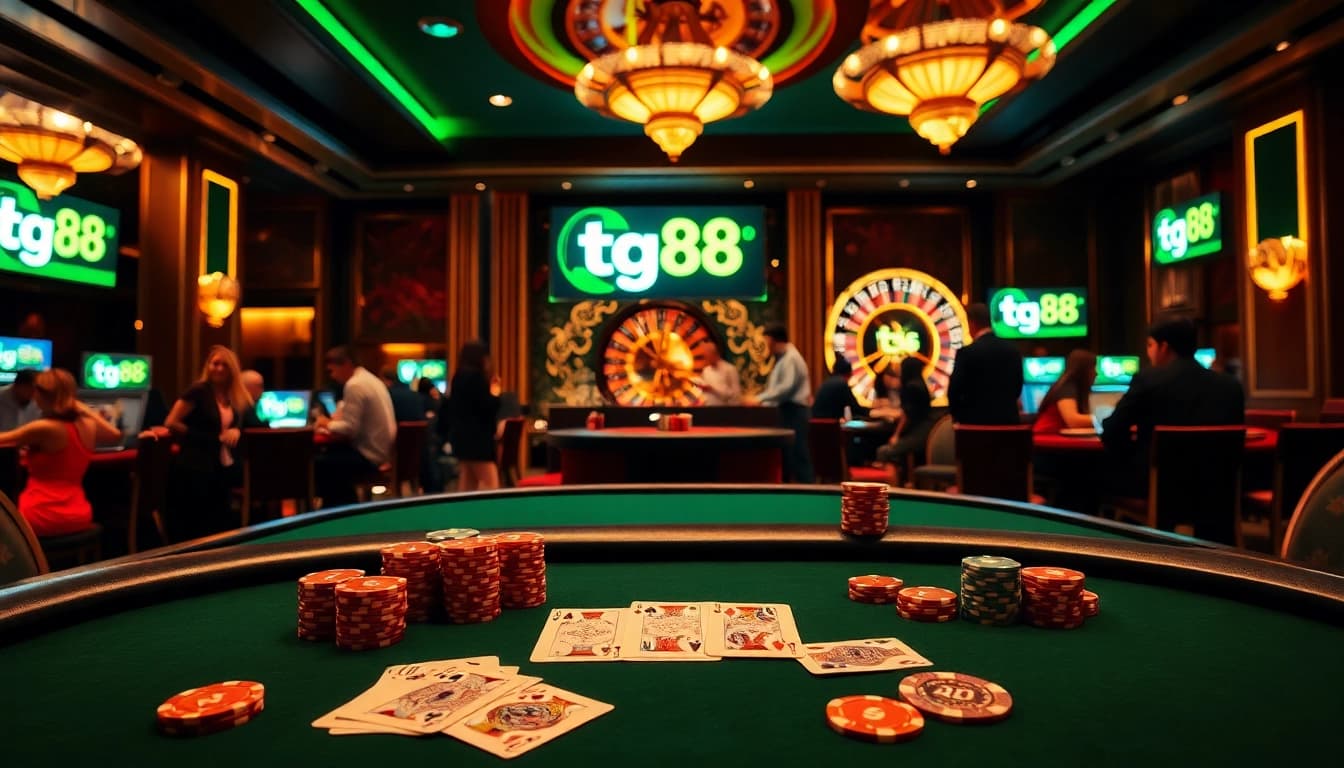 Engage in high-stakes poker at tg88 with luxurious casino visuals and vibrant gaming activity.