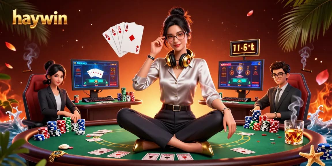 Engage with haywin's elite poker setup featuring vibrant casino elements in a dynamic gaming scene.