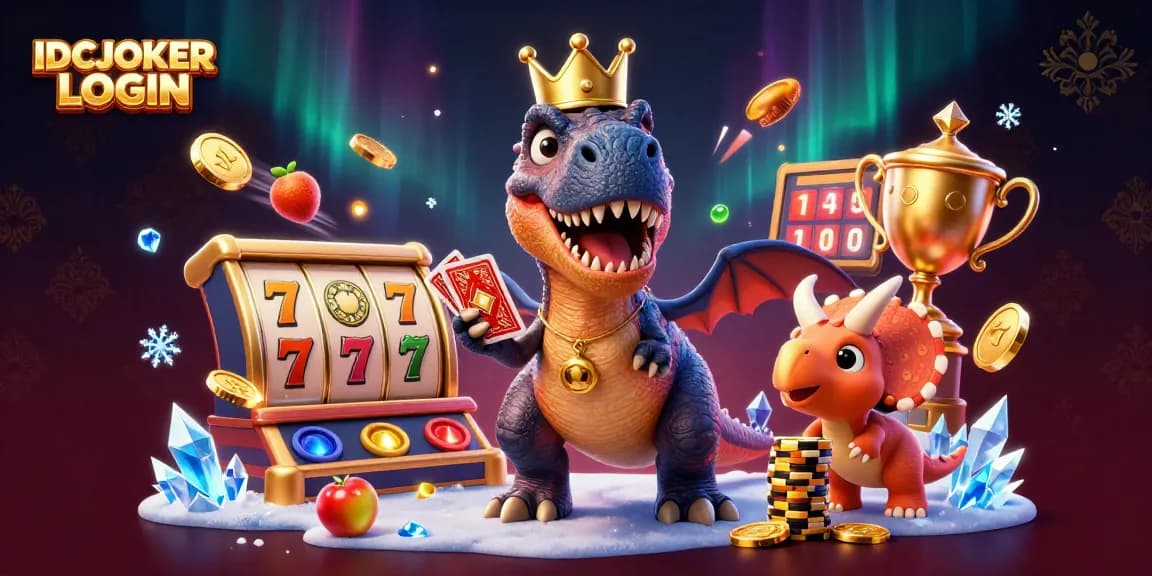 IDCJOKER LOGIN brings excitement as a T-Rex shuffles cards while a triceratops stacks chips in this vibrant casino scene.