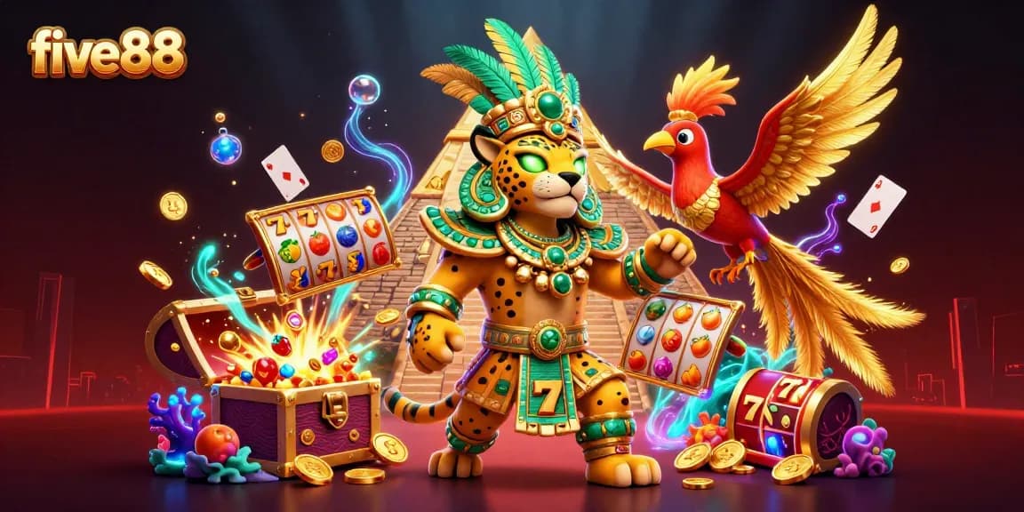 Engage with five88 in a vibrant casino scene featuring Mayan characters and dynamic slot elements.