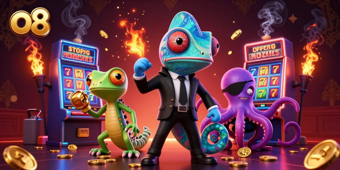 Spin the reels and win at o8 with this vibrant 3D casino illustration showcasing characters and slot game excitement.