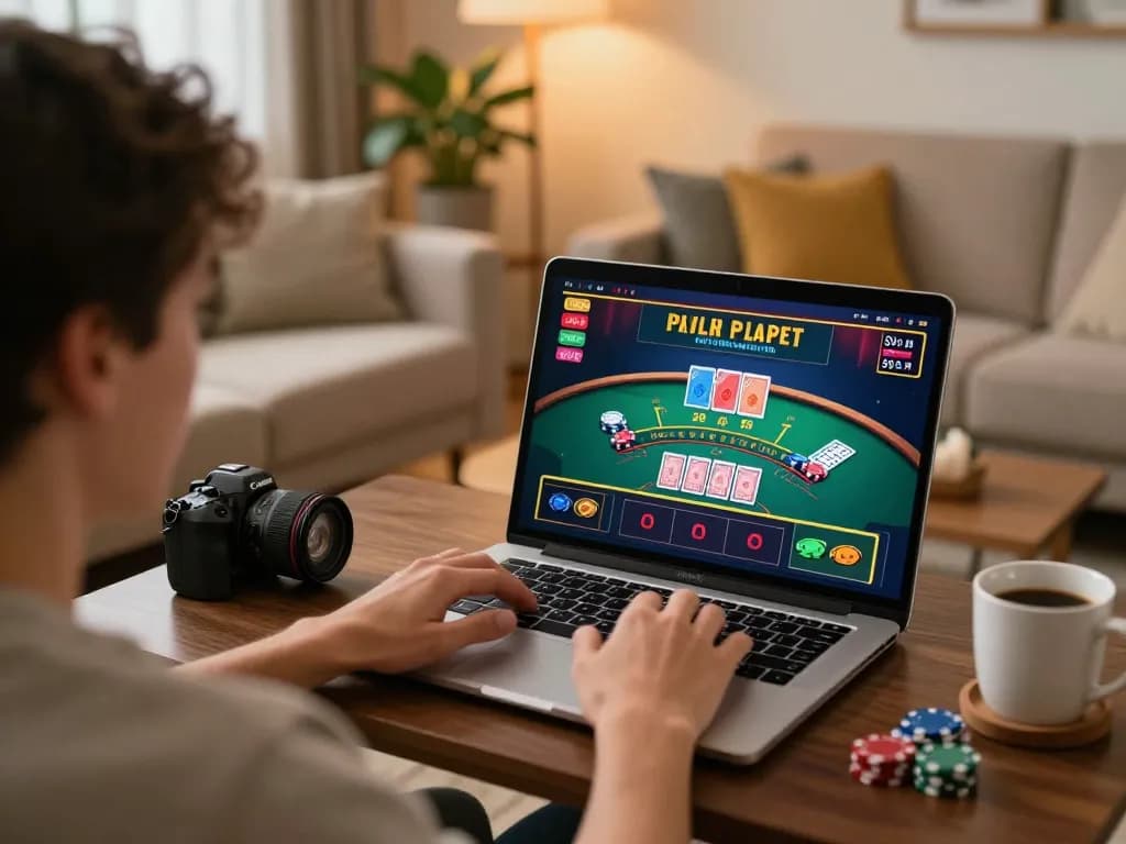 KJC player enjoying an online blackjack game on laptop, with cozy home setting enhancing the gaming experience