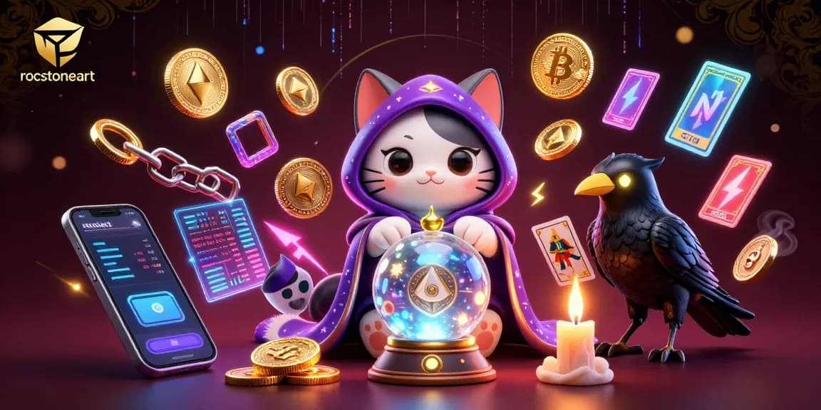 Engage with rocstoneart's vibrant casino scene featuring a mystical cat, a tarot raven, and glowing crypto coins.