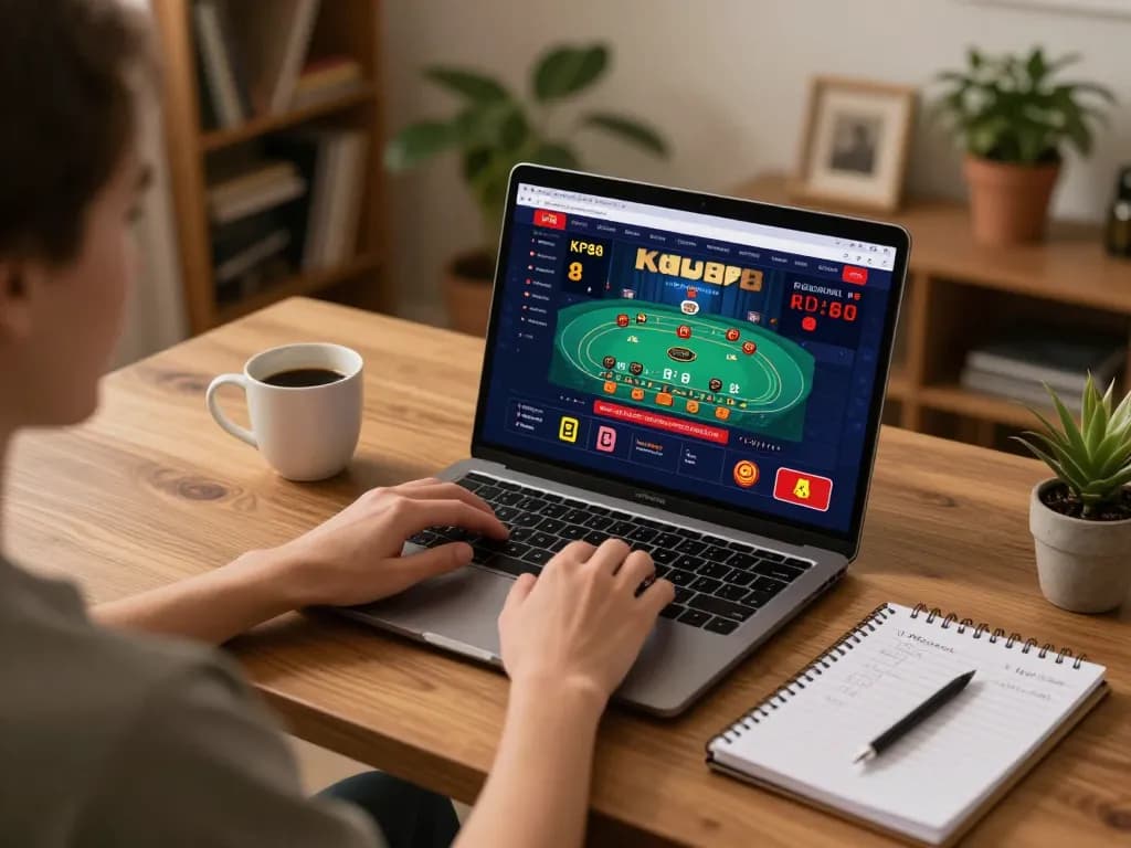 Engaging in online gaming on KP88 with live dealer blackjack at home, cozy setup.