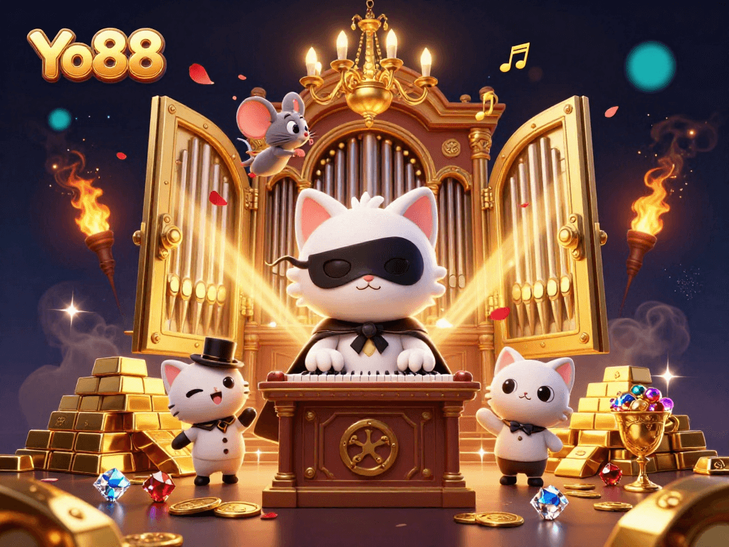 Yo88 captivates with a vibrant 3D casino scene featuring a phantom cat and mouse acrobat.