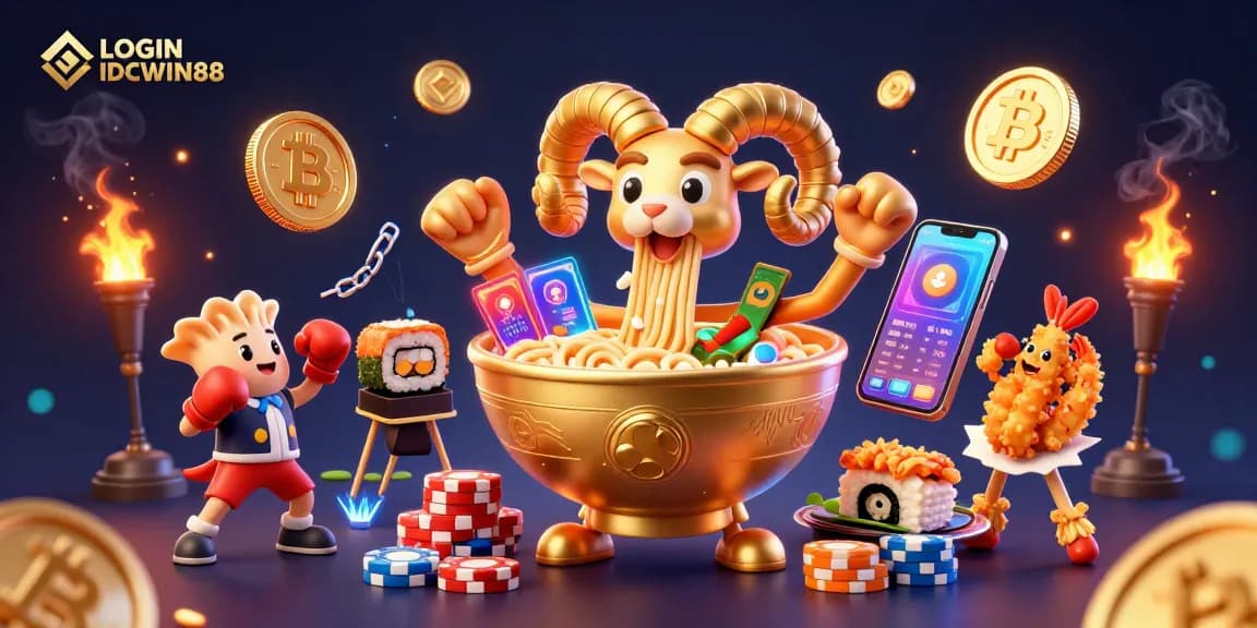 Join the excitement of ONLINE GAMBLING with LOGIN IDCWIN88 in this colorful scene depicting animated casino characters.