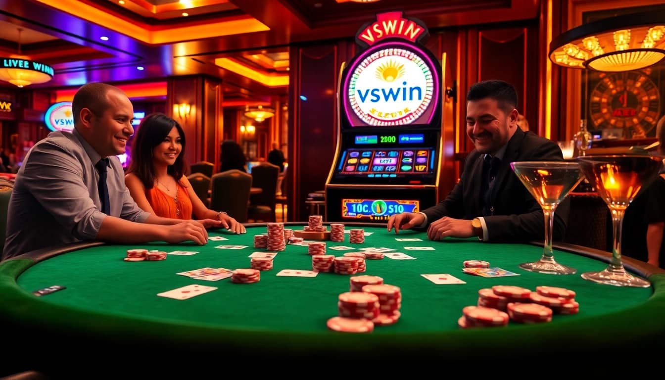 Players enjoying a strategic poker game at vswin casino with colorful chips and cards.