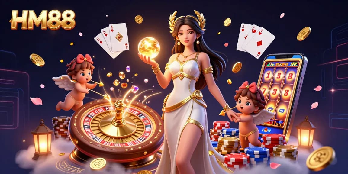 Engage with thrilling slots and games at HM88, featuring a captivating Grecian goddess illustration.