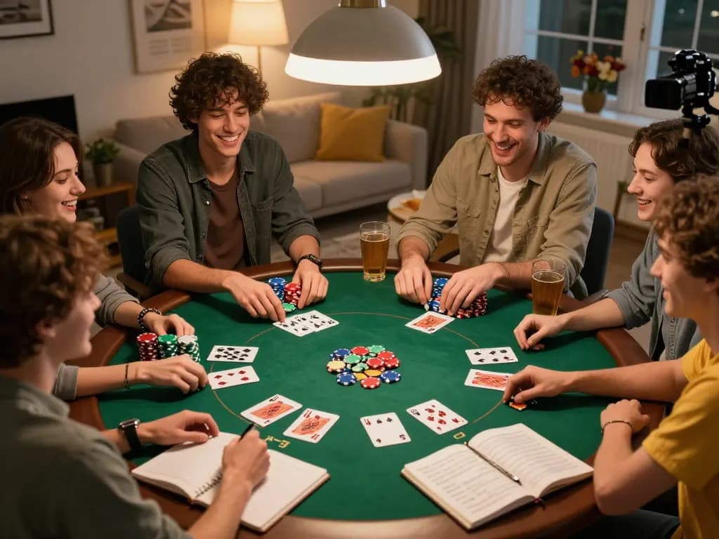 Poker night with friends at home, showcasing strategic play and fun, enhancing gambling experience on https://kp88a.com/.