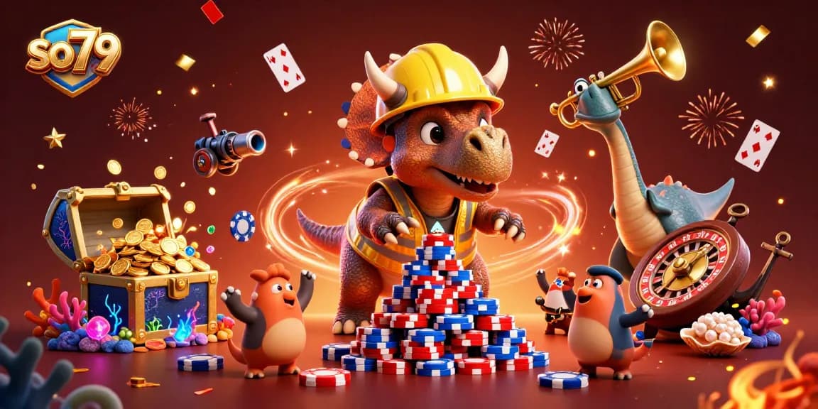 Experience excitement at so79 with a triceratops creating poker chips amidst dynamic casino elements.