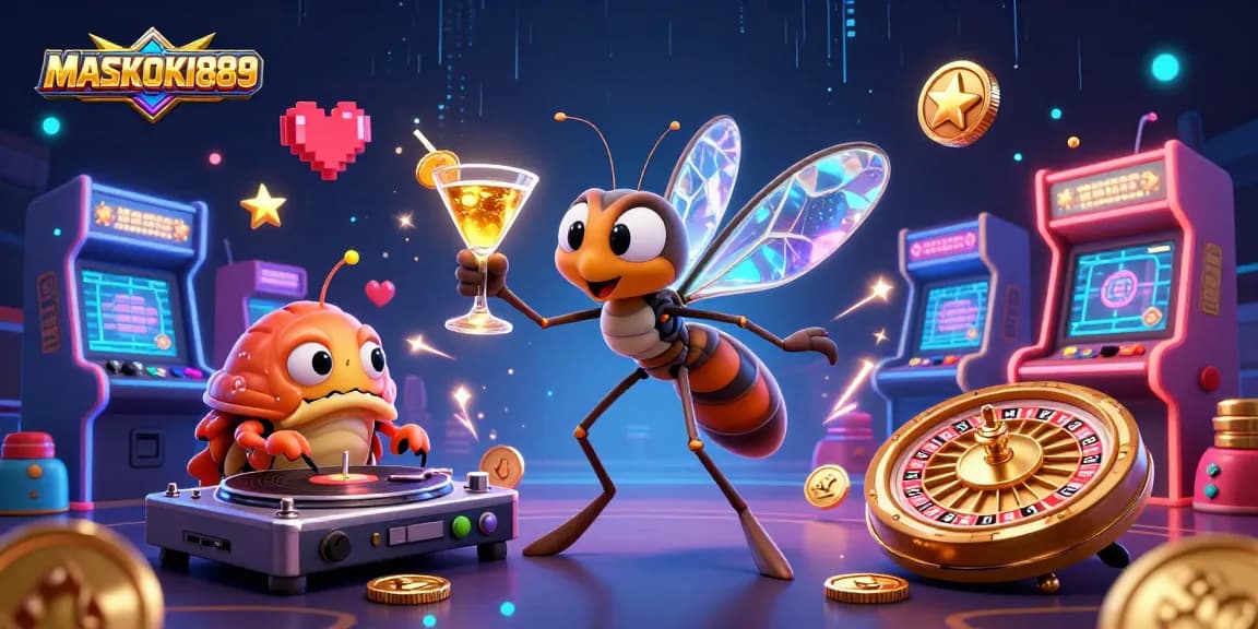 Engage in thrilling gameplay with MASKOKI889, featuring a lively casino mascot and luminous arcade elements.