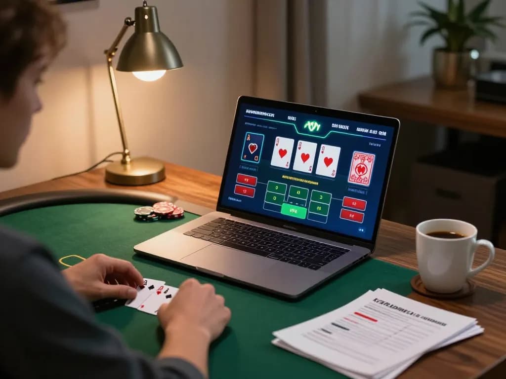 Player enjoying online poker at NK88, showcasing a cozy gaming setup with strategic notes for better gameplay.