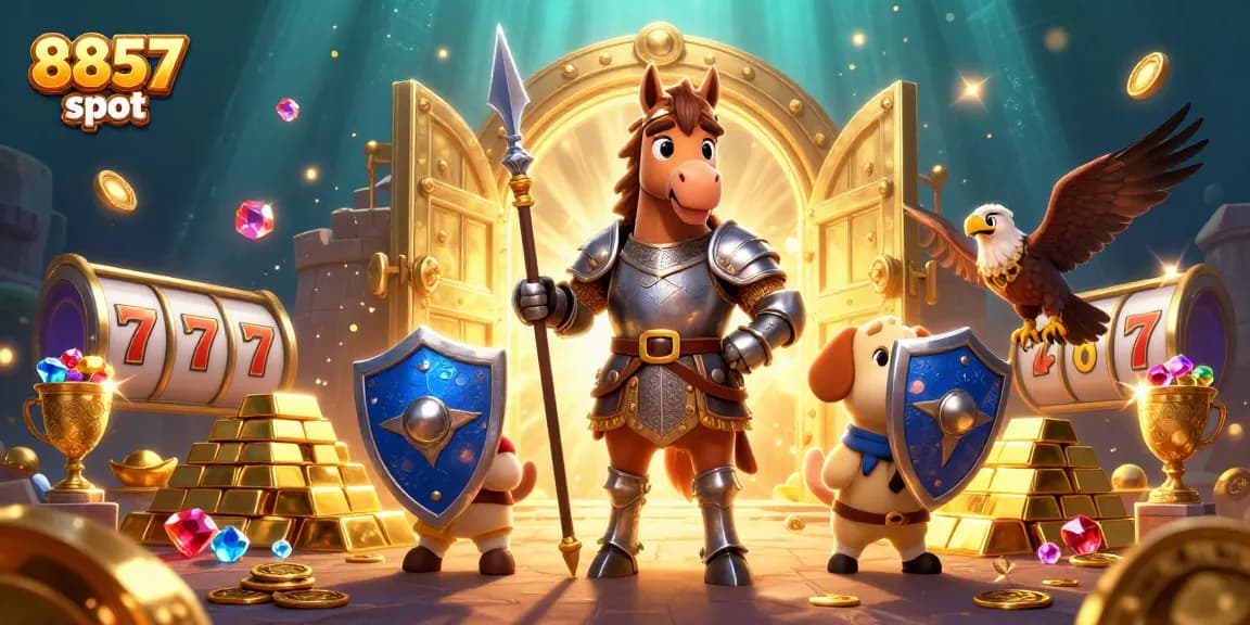 Ganhe com 8857 slot: ilustração vibrante de caça-níqueis com personagens 3D no cassino.