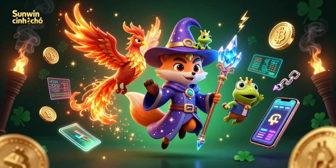 Engage with sunwin chính chủ in an enchanting casino world featuring a wizard fox and phoenix.