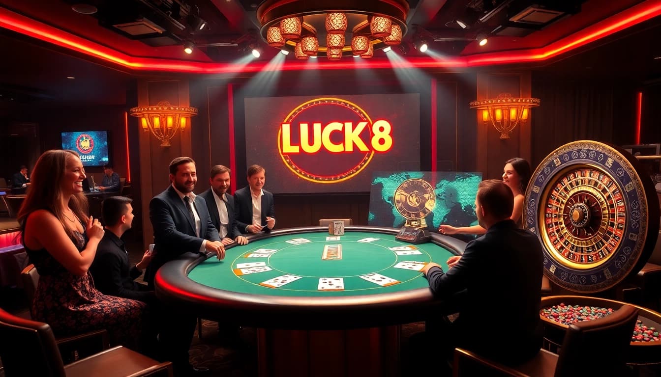 LUCK 8 exciting blackjack table with vibrant casino elements and players engaging in high-stakes play.
