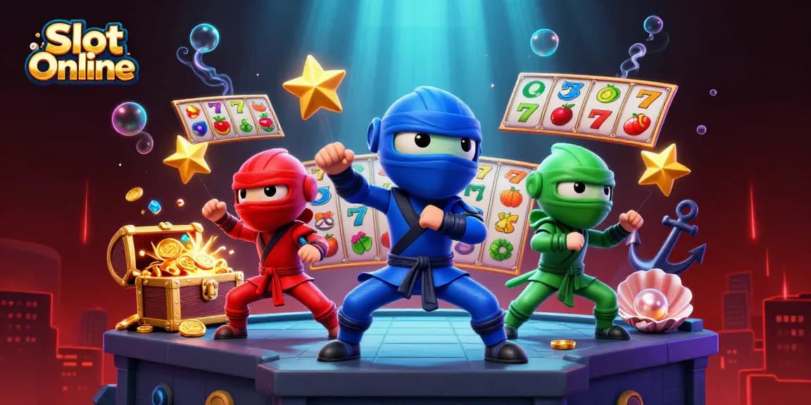 Engage in Slot Online excitement with three ninja chameleons showcasing vibrant casino elements.