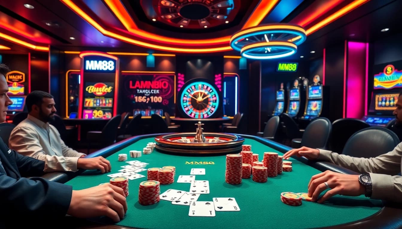 Players enjoying the excitement of MM88 at a bustling casino table with cards and chips.