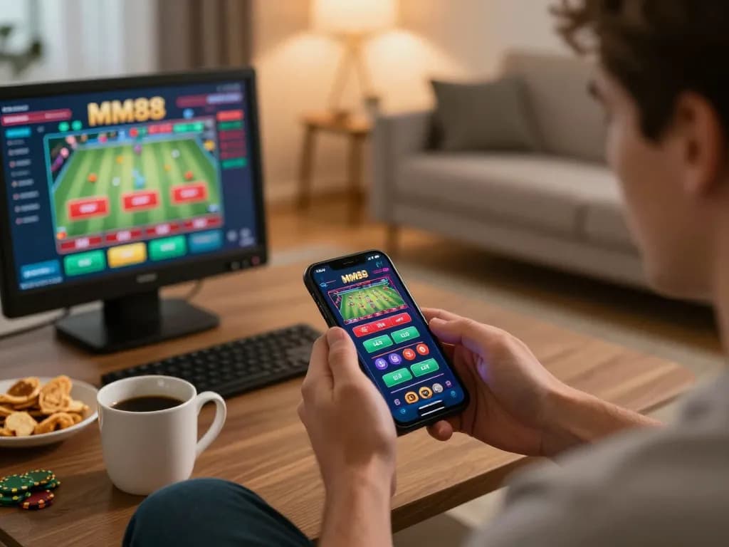 Engaged player using MM88 app on smartphone for dynamic mobile gambling session.