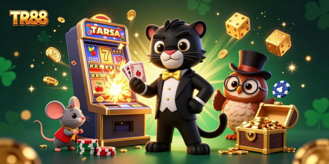 Experience excitement with TR88 as a stylish panther, owl, and lucky mouse engage in a thrilling casino scene.