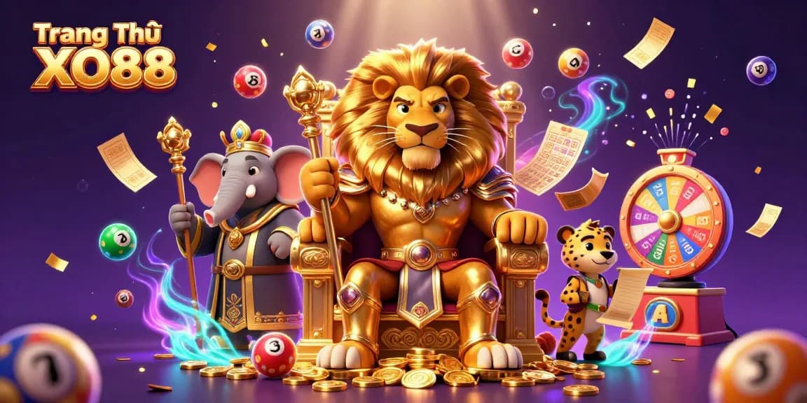 Join the excitement at Trang Chủ XO88 with vibrant lottery balls, a golden throne, and dynamic casino elements.