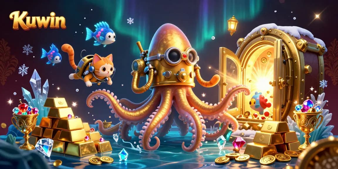 Kuwin attracts players with a dazzling scene of a kraken guarding a treasure-filled ocean and a diving cat.