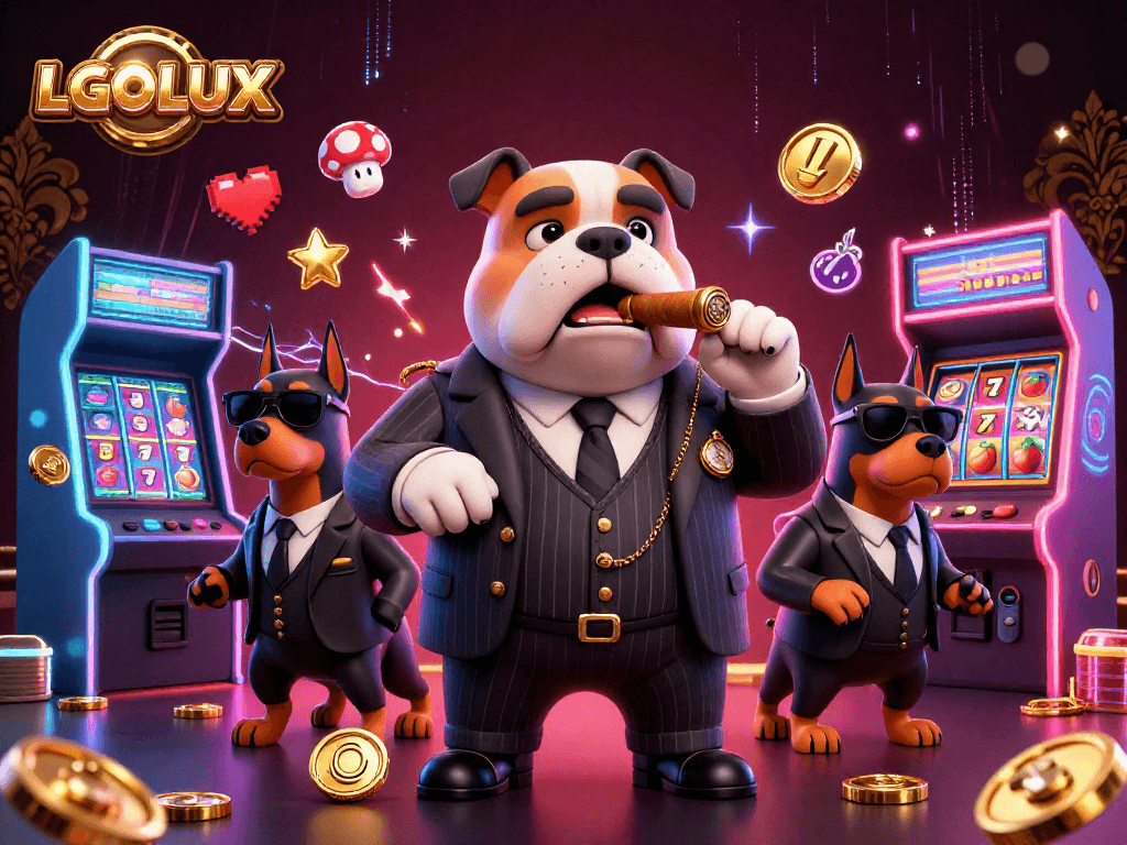 Experience thrilling games at LGOLUX with a vibrant 3D scene of a mafia boss and his guards.