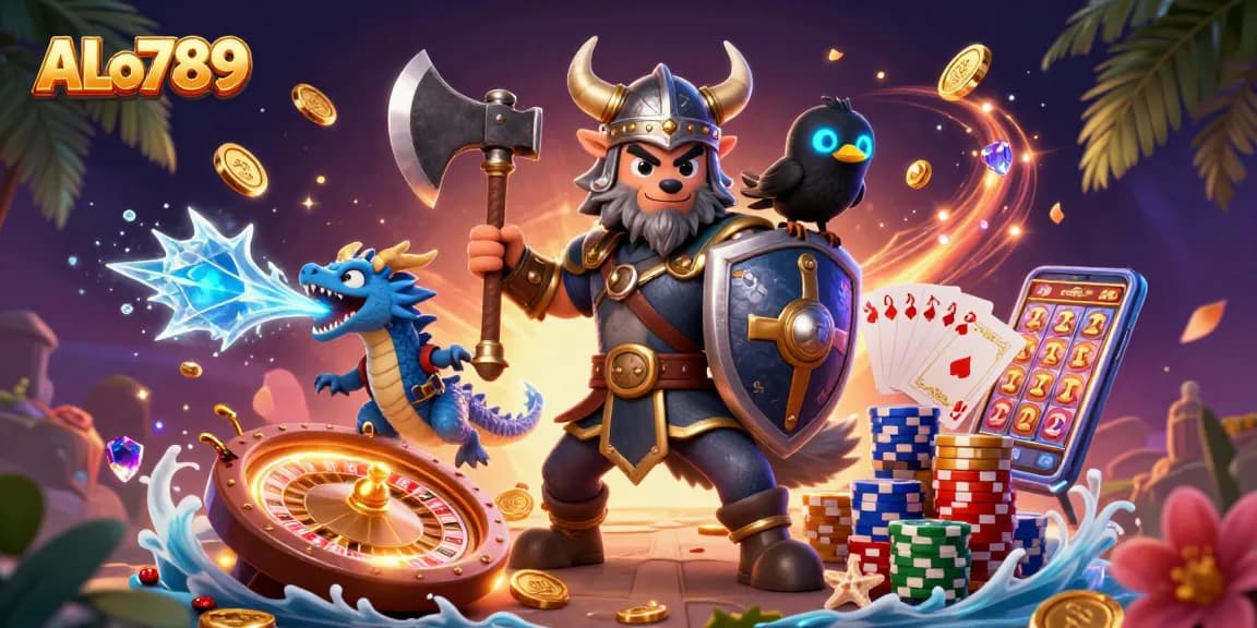 Bet on ALo789 with a Viking wolf warrior and a fierce dragon in an ultra-detailed casino illustration.