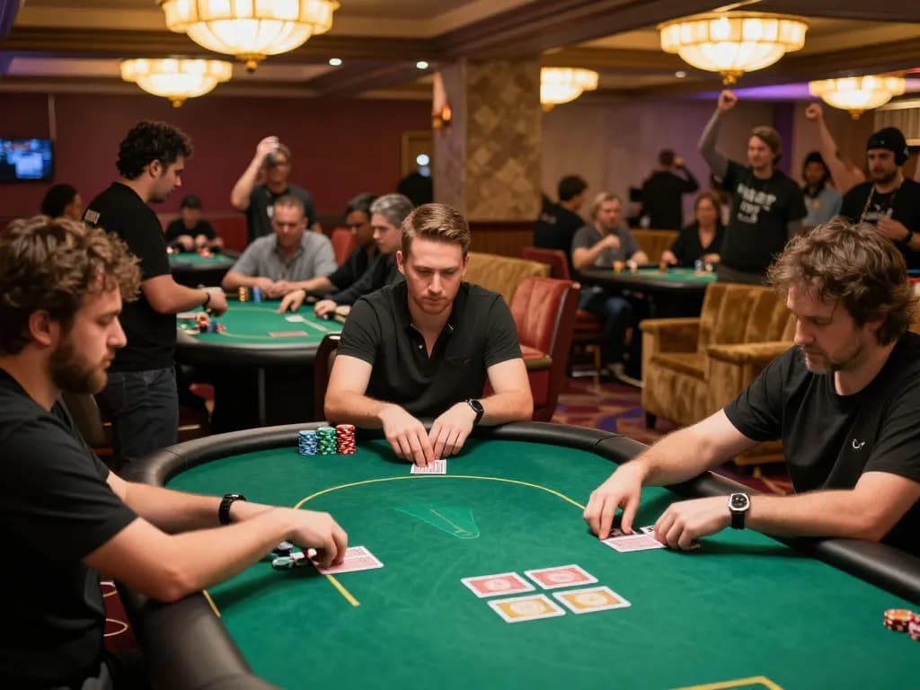 Players engaging in a lively O8 poker tournament at a bustling casino, showing intense focus and strategic betting.