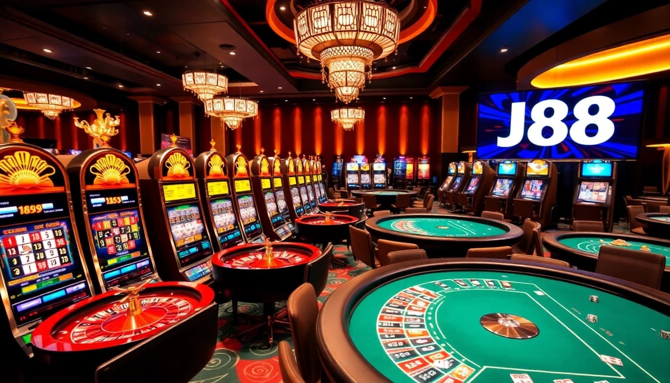Experience the thrill of J88 at a vibrant casino gaming scene with slot machines and poker tables.